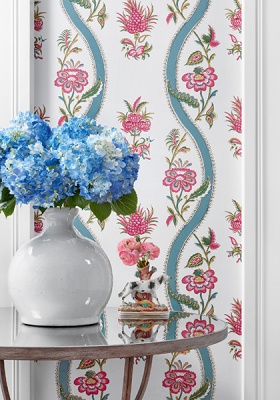 Thibaut Ribbon Floral Wallpaper in Raspberry & Teal