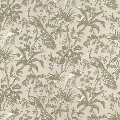 Anna French Peacock Toile Fabric in Green on Natural