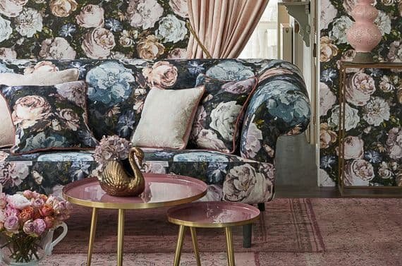 Clarke and Clarke Floretta in Blush/Charcoal