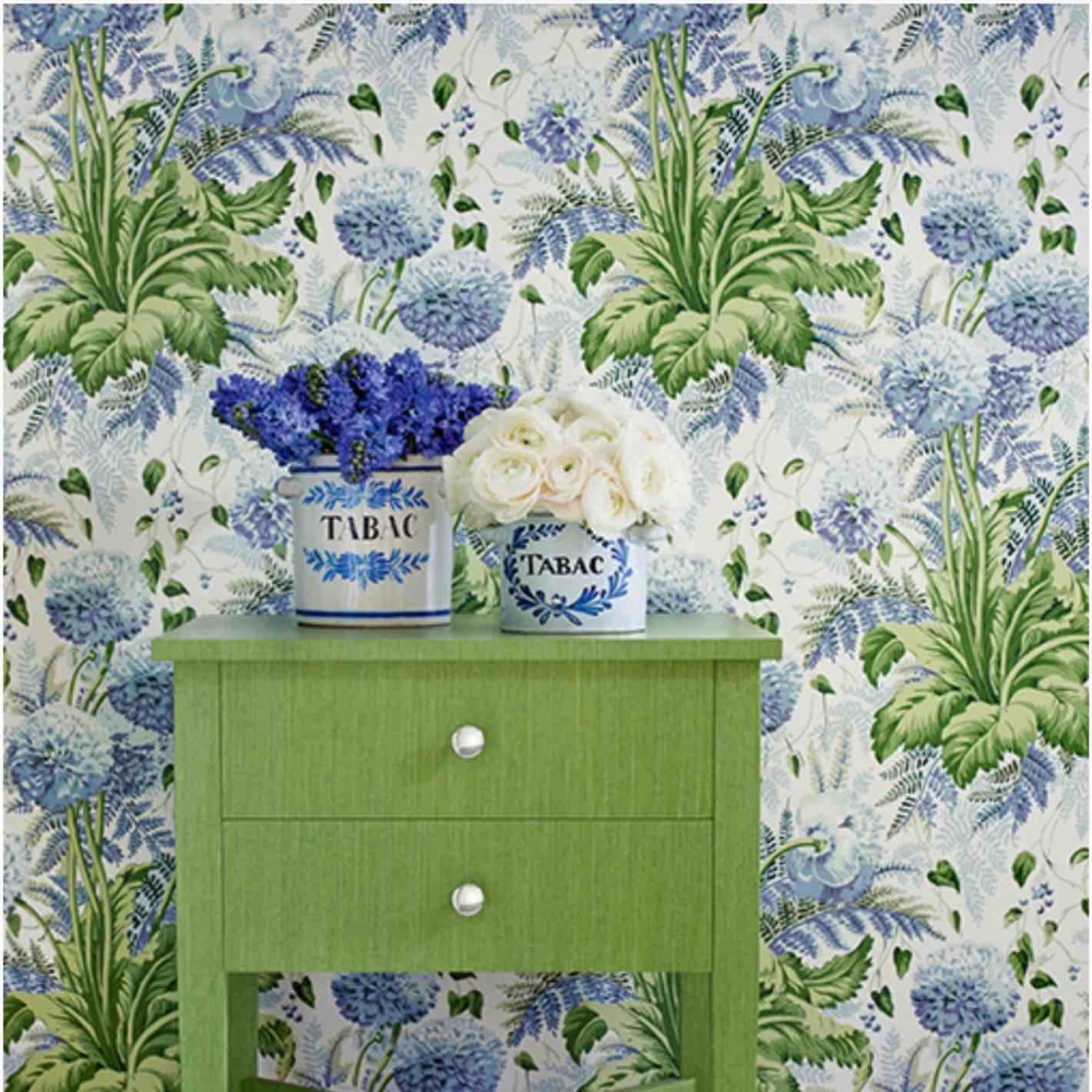 Anna French Dahlia Wallpaper in Navy on Linen