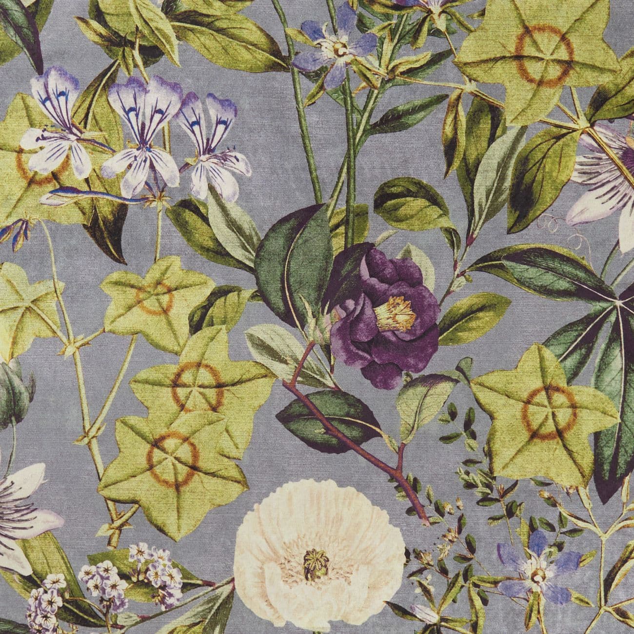 Clarke and Clarke Passiflora Fabric in Slate & Amethyst