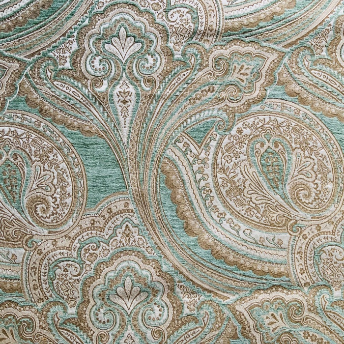 Jim Dickens Chartwell Quilted Chenille Fabric in Aqua and Gold. 3 mts
