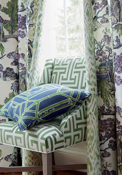 Thibaut Asian Scenic Fabric in Blue and Beige