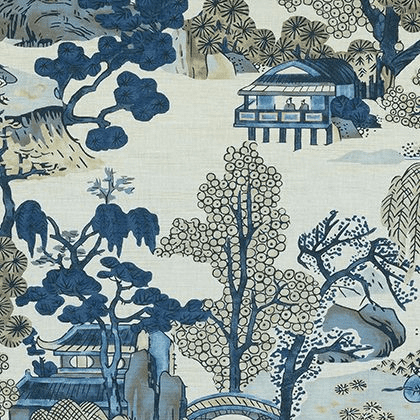 Thibaut Asian Scenic Fabric in Blue and Beige
