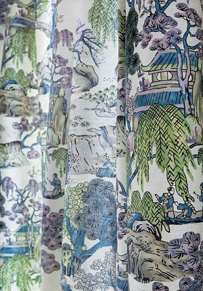 Thibaut Asian Scenic Fabric in Blue and Green
