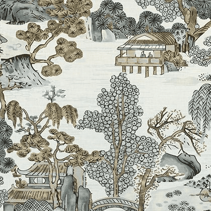 Thibaut Asian Scenic Fabric in Grey