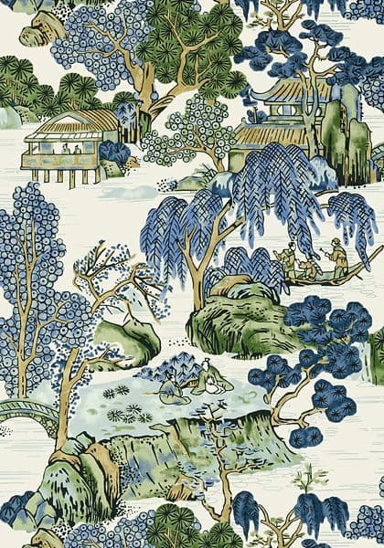Thibaut Asian Scenic Wallpaper in Blue and Green