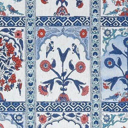 Thibaut Indian Panel Linen in Coral and Blue