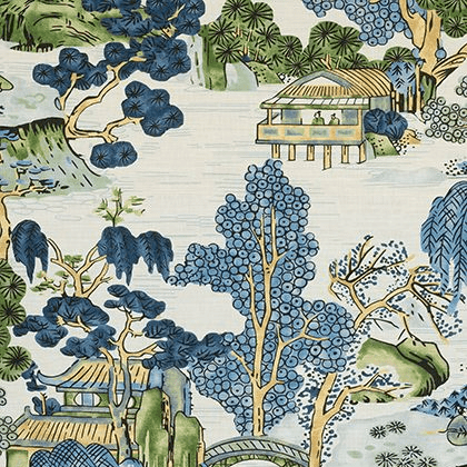 Thibaut Asian Scenic Fabric in Blue and Green