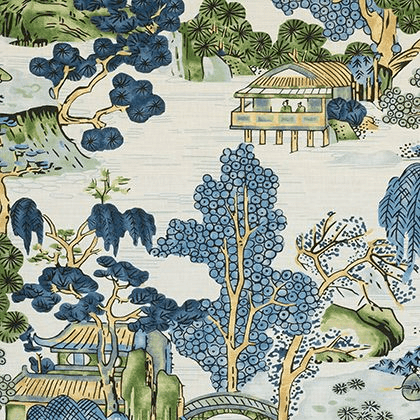 Thibaut Asian Scenic Fabric in Blue and Green norfolktextiles