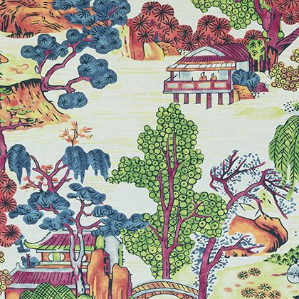 Thibaut Asian Scenic Fabric in Coral and Green