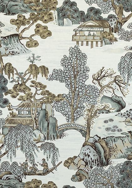 Thibaut Asian Scenic Fabric in Grey
