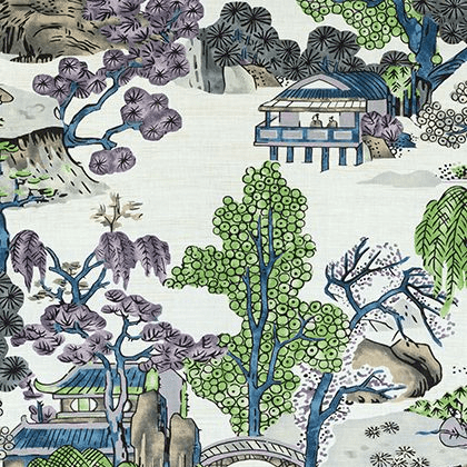 Thibaut Asian Scenic Fabric in Purple and Blue