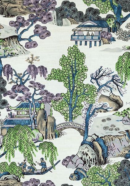 Thibaut Asian Scenic Fabric in Robins Egg