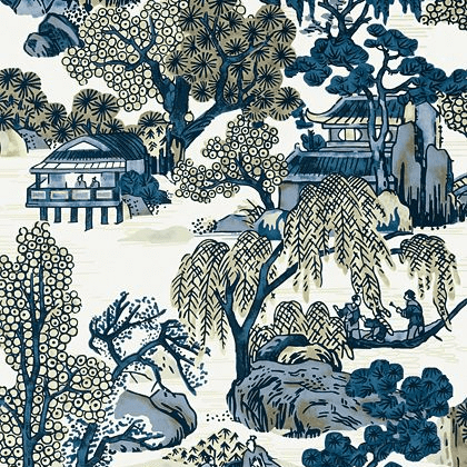 Thibaut Asian Scenic Wallpaper in Blue and Beige