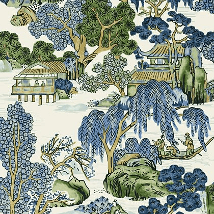 Thibaut Asian Scenic Wallpaper in Blue and Green