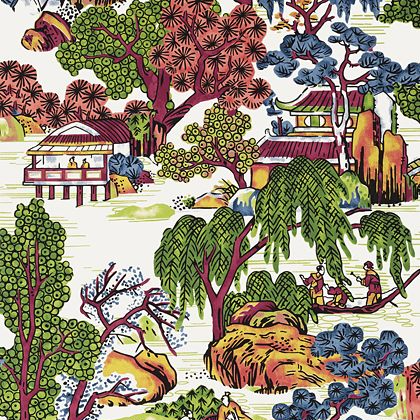 Thibaut Asian Scenic Wallpaper in Coral and Green