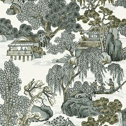 Thibaut Asian Scenic Wallpaper in Grey