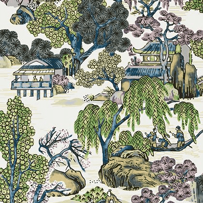 Thibaut Asian Scenic Wallpaper in Purple and Blue