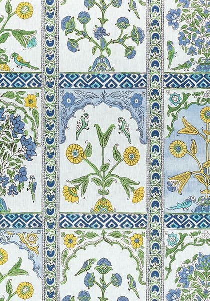Thibaut Indian Panel Linen in Blue and Yellow
