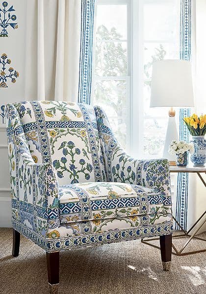 Thibaut Indian Panel Linen in Blue and Yellow