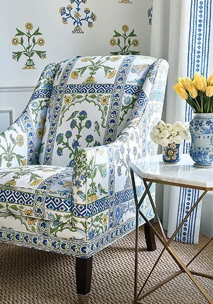 Thibaut Indian Panel Linen in Blue and Yellow
