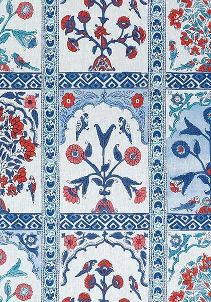 Thibaut Indian Panel Linen in Coral and Blue